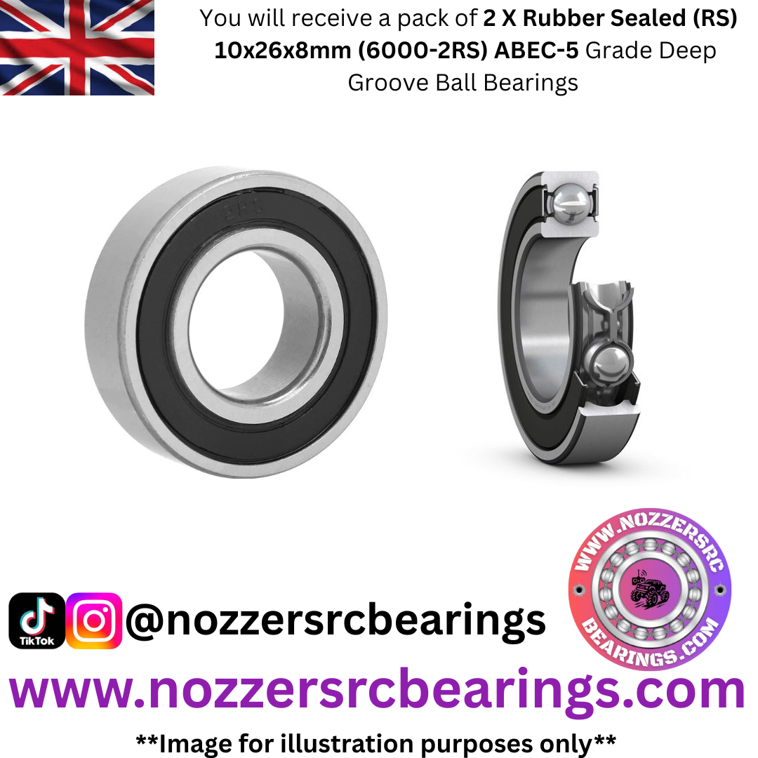 10x26x8mm (6000-2RS) ABEC-5 Grade Rubber Sealed (RS) Bearings