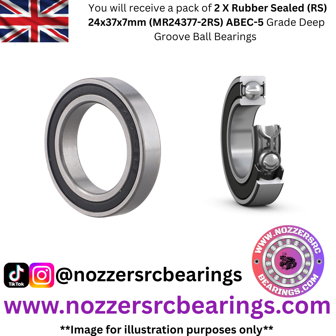 24x37x7mm (MR24377-2RS) Rubber Sealed (RS) ABEC-5 Bearings