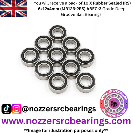 6x12x4mm (MR126RS) Rubber Sealed (RS) ABEC-3 Grade Bearings