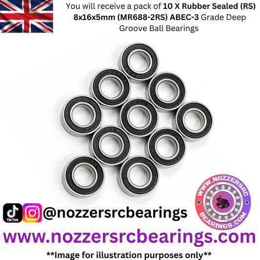 8x16x5mm (MR688-2RS) Rubber Sealed (RS) ABEC-3 Grade Bearings